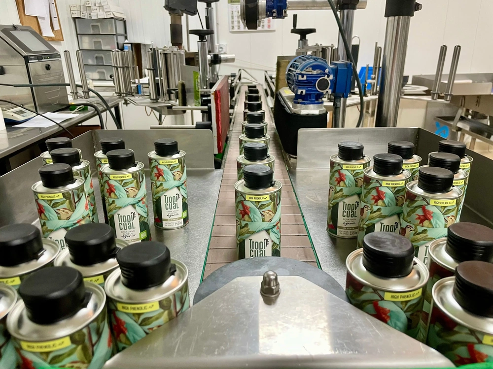 Abfüllung von Olivenöl in lichtdichte Dosen in der Produktion