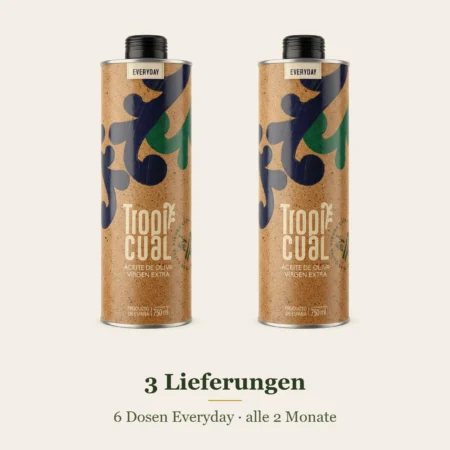Zwei Dosen Tropicual Everyday Olivenöl, darunter der Hinweis: 3 Lieferungen, 6 Dosen, alle 2 Monate