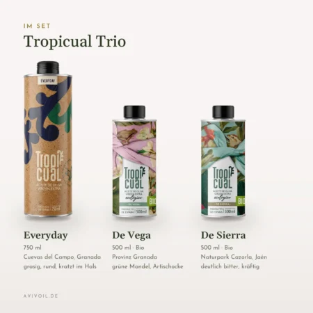 Inhalt des Tropicual Trio mit Herkunft und Geschmack der drei Öle